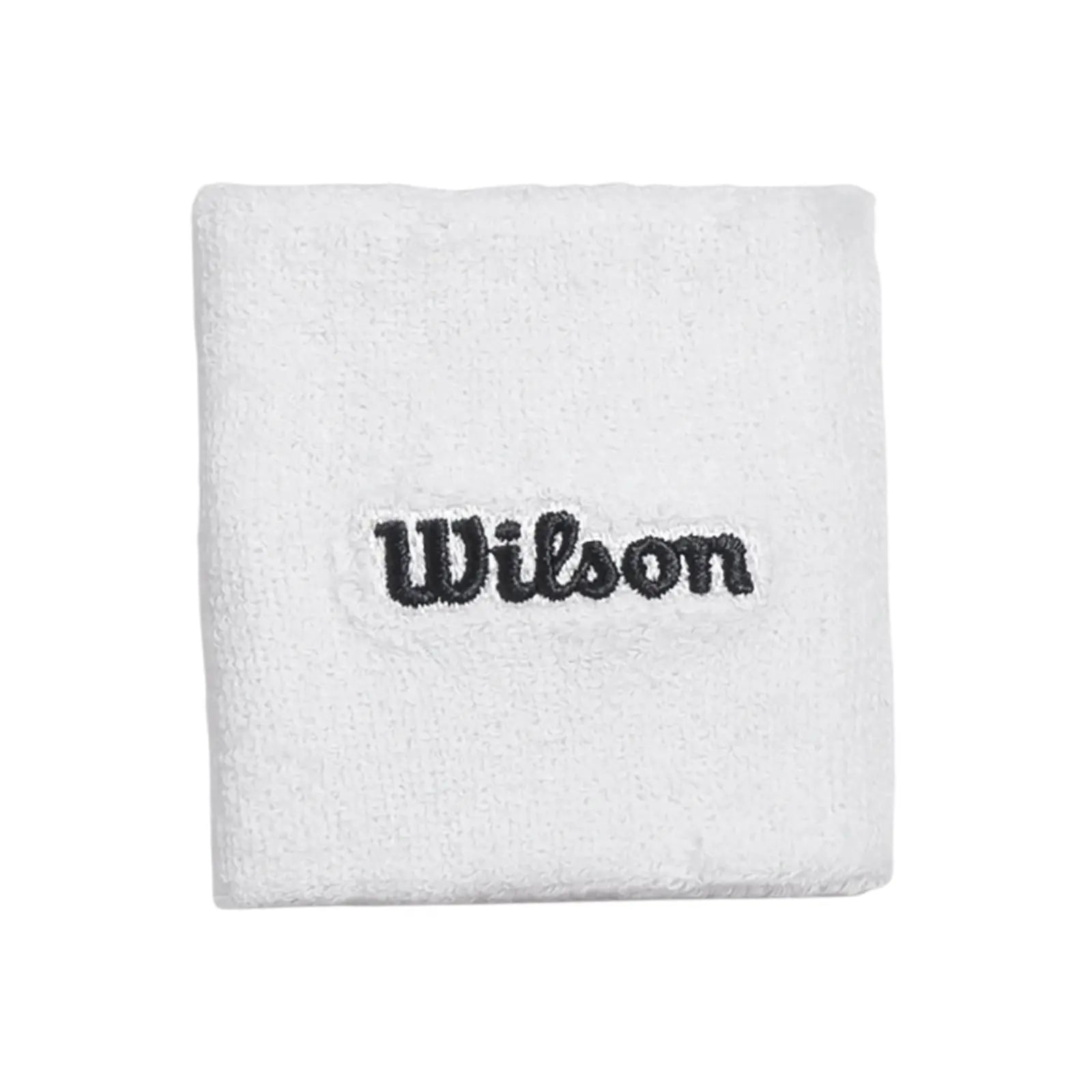 White Wilson wristband with black embroidered logo, soft moisture-absorbing material.